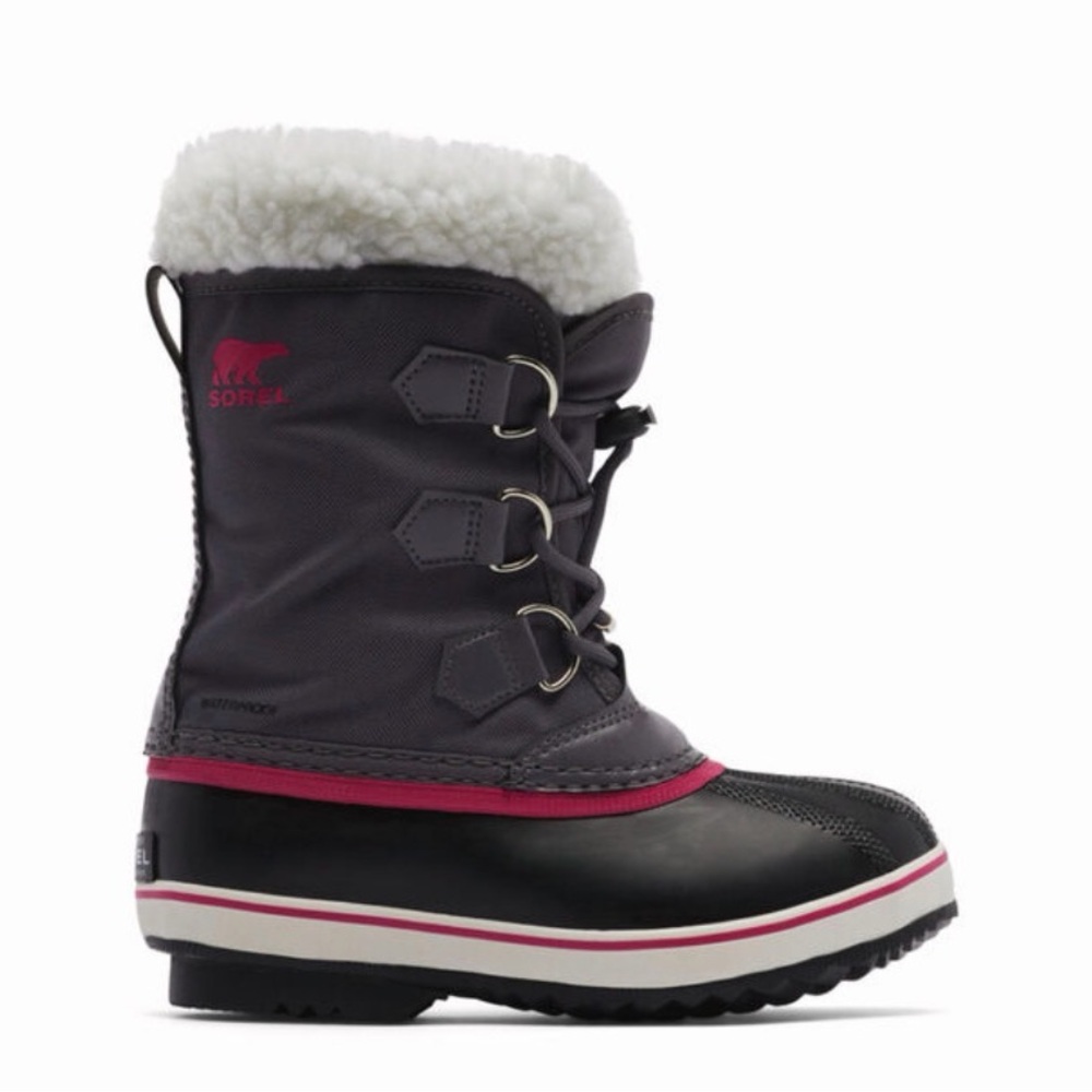 Sorel Yoot Pack Black and Dark Gray Boots with pink trim